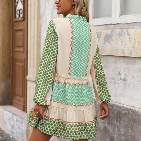 Green Boho Women's Floral Wavy Striped button down Lantern Sleeve mini dress - Picture 2 of 7